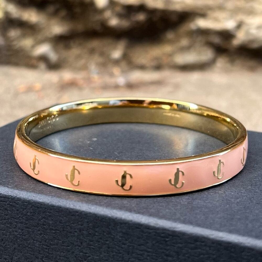 NEW Size Large Jimmy Choo Gold Metal Blossom Pink Enamel JC Logo Bangle Bracelet